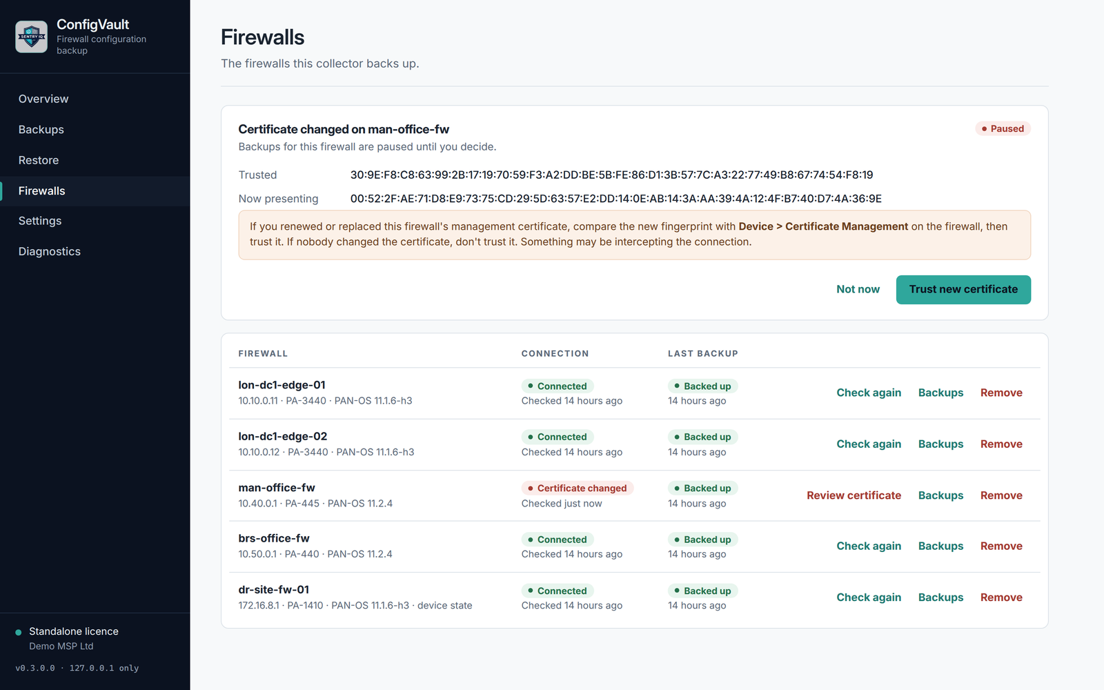 ConfigVault alerting that a firewall management certificate has changed and pausing its backups