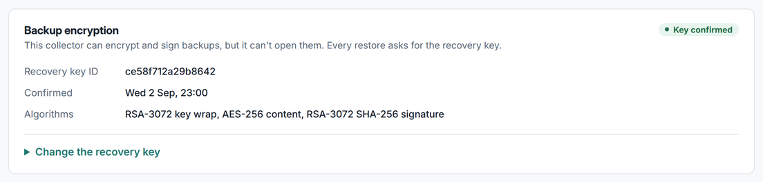 ConfigVault backup encryption settings showing the recovery key ID