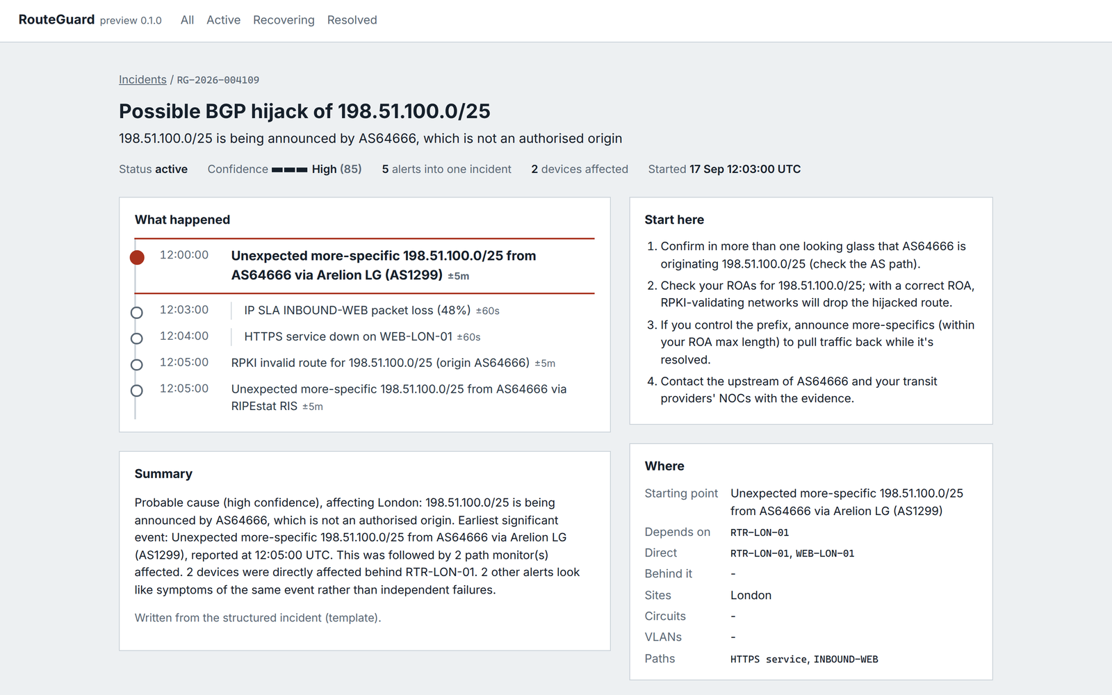 RouteGuard incident flagging a more-specific BGP announcement of the customer's prefix by an unauthorised AS