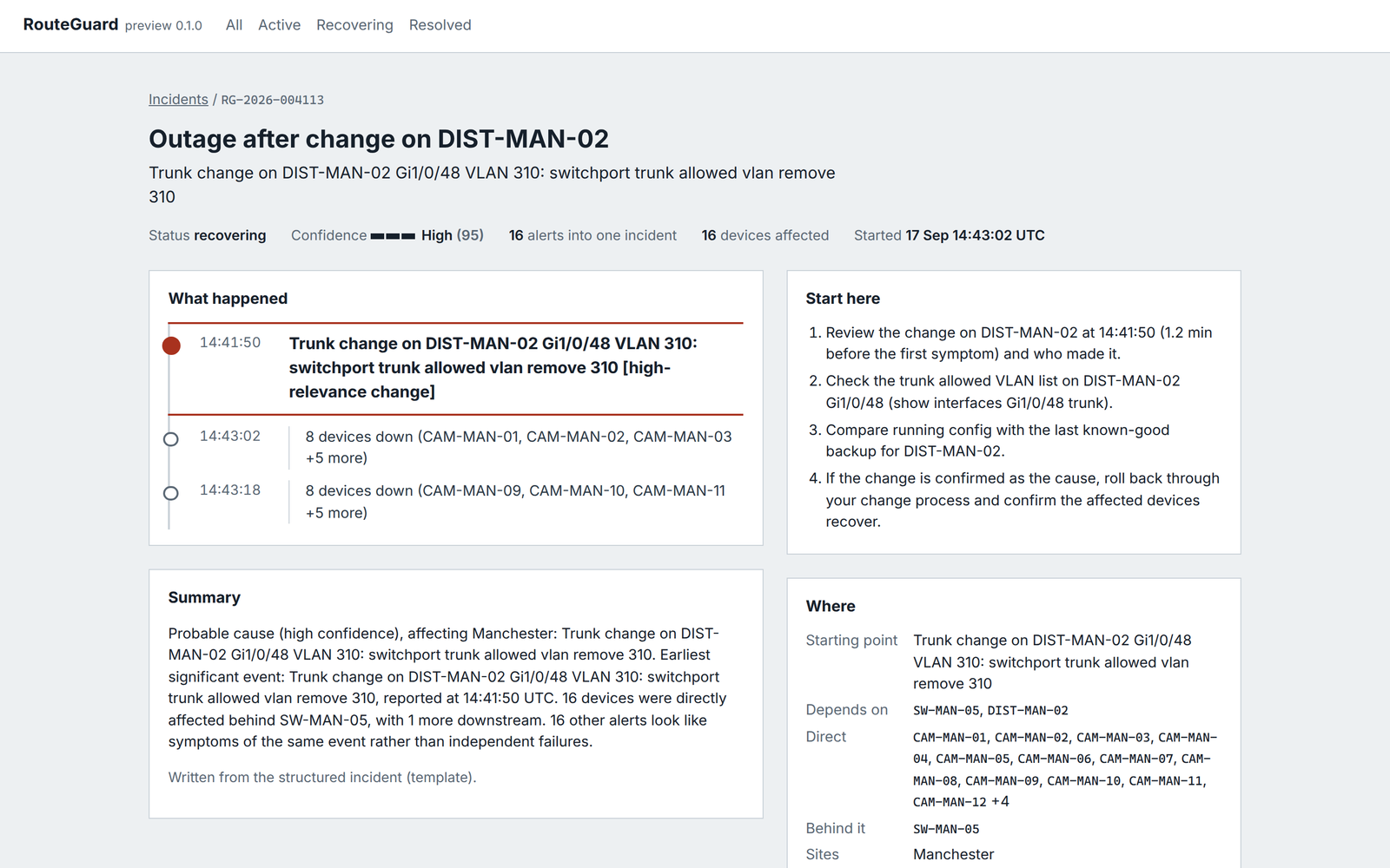 RouteGuard incident tracing sixteen camera outages to a trunk VLAN removal on a distribution switch