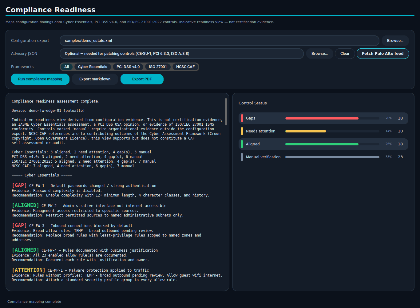 Sentry One Map firewall evidence to recognised frameworks screen